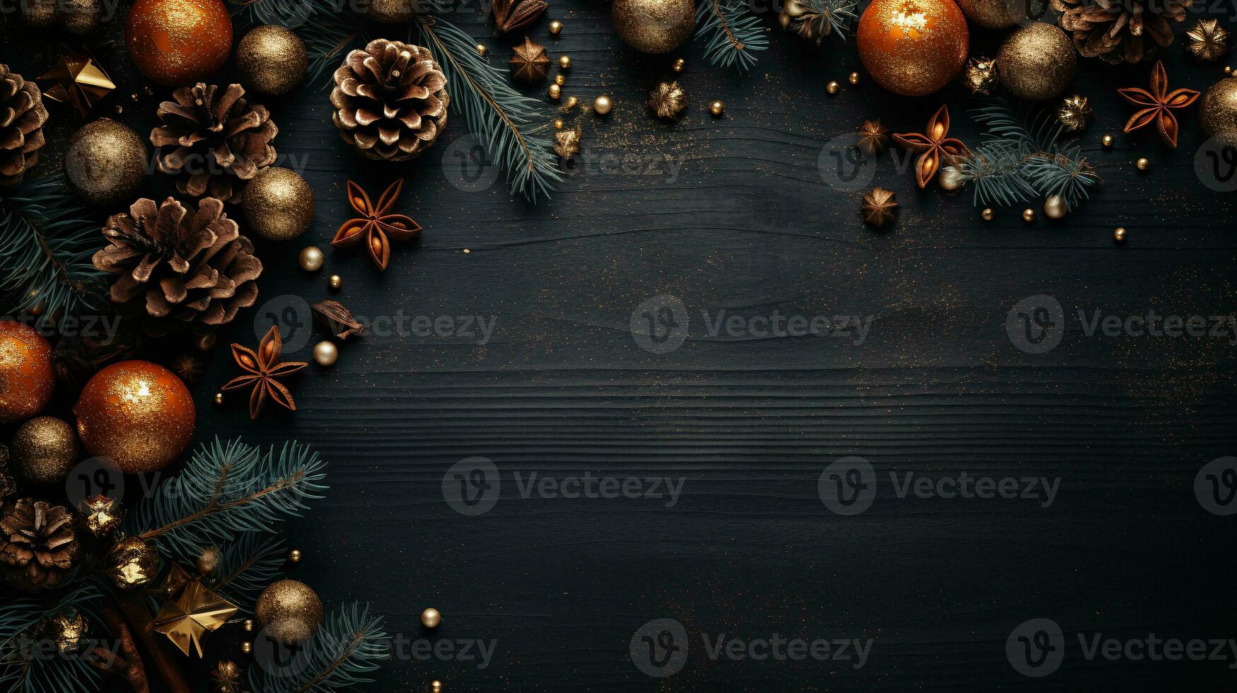 AI generated Top down perspective of festive Christmas decorations a New Year backdrop photo