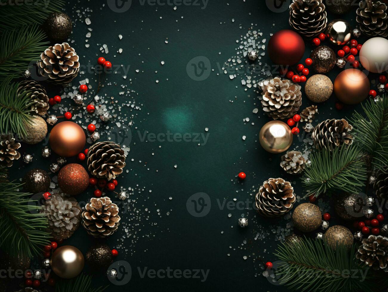 AI generated Top down perspective of festive Christmas decorations a New Year backdrop photo