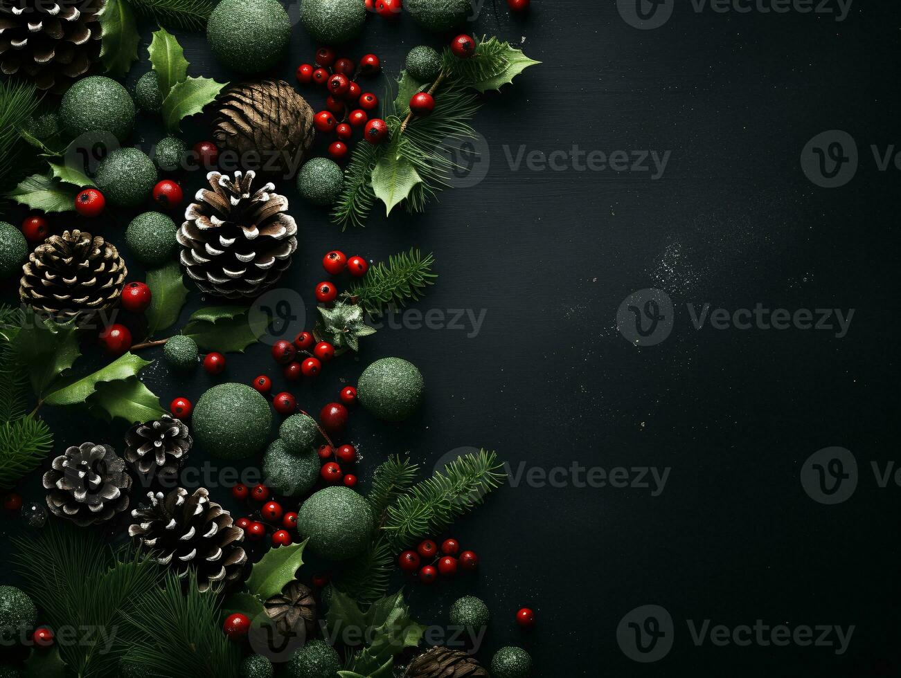 AI generated Top down perspective of festive Christmas decorations a New Year green backdrop photo