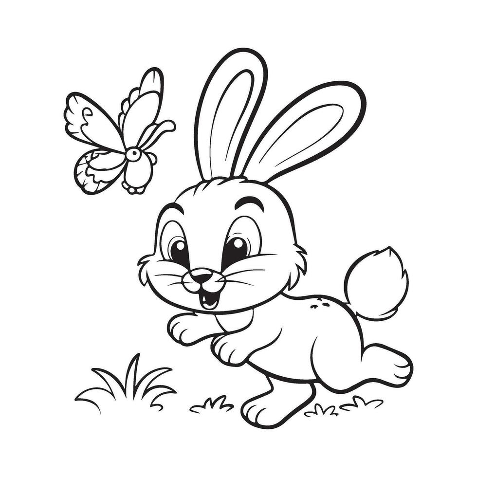 Vector coloring book on rabbit is chasing the butterfly