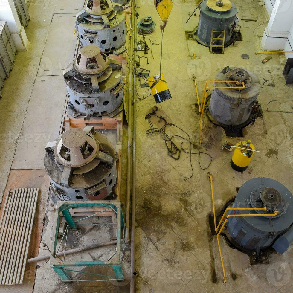 Engines of water pumps at a water pumping station. Pumping irrig photo