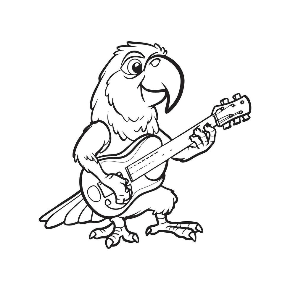 coloring page, macaw parrot playing guitar, in Pixar style, thick lines, Less details vector