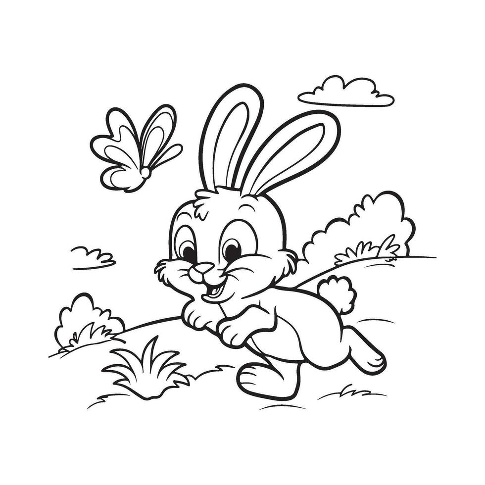 Vector coloring book on rabbit is chasing the butterfly