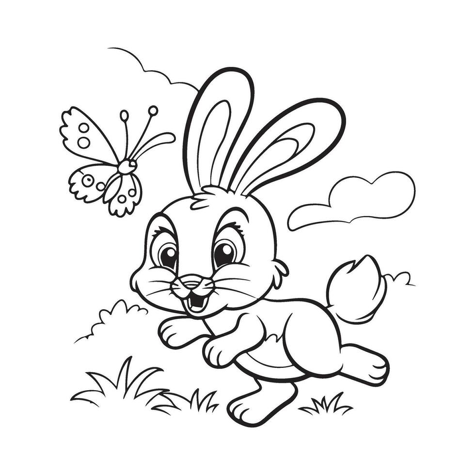 Vector coloring book on rabbit is chasing the butterfly