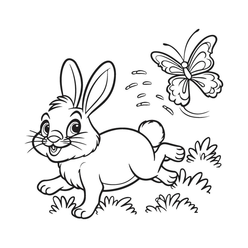 Vector coloring book on rabbit is chasing the butterfly