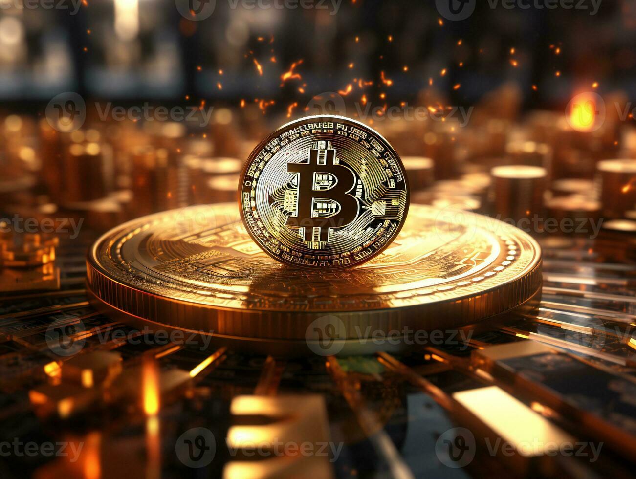 AI generated Golden bitcoin on a circuit board. Cryptocurrency concept. photo