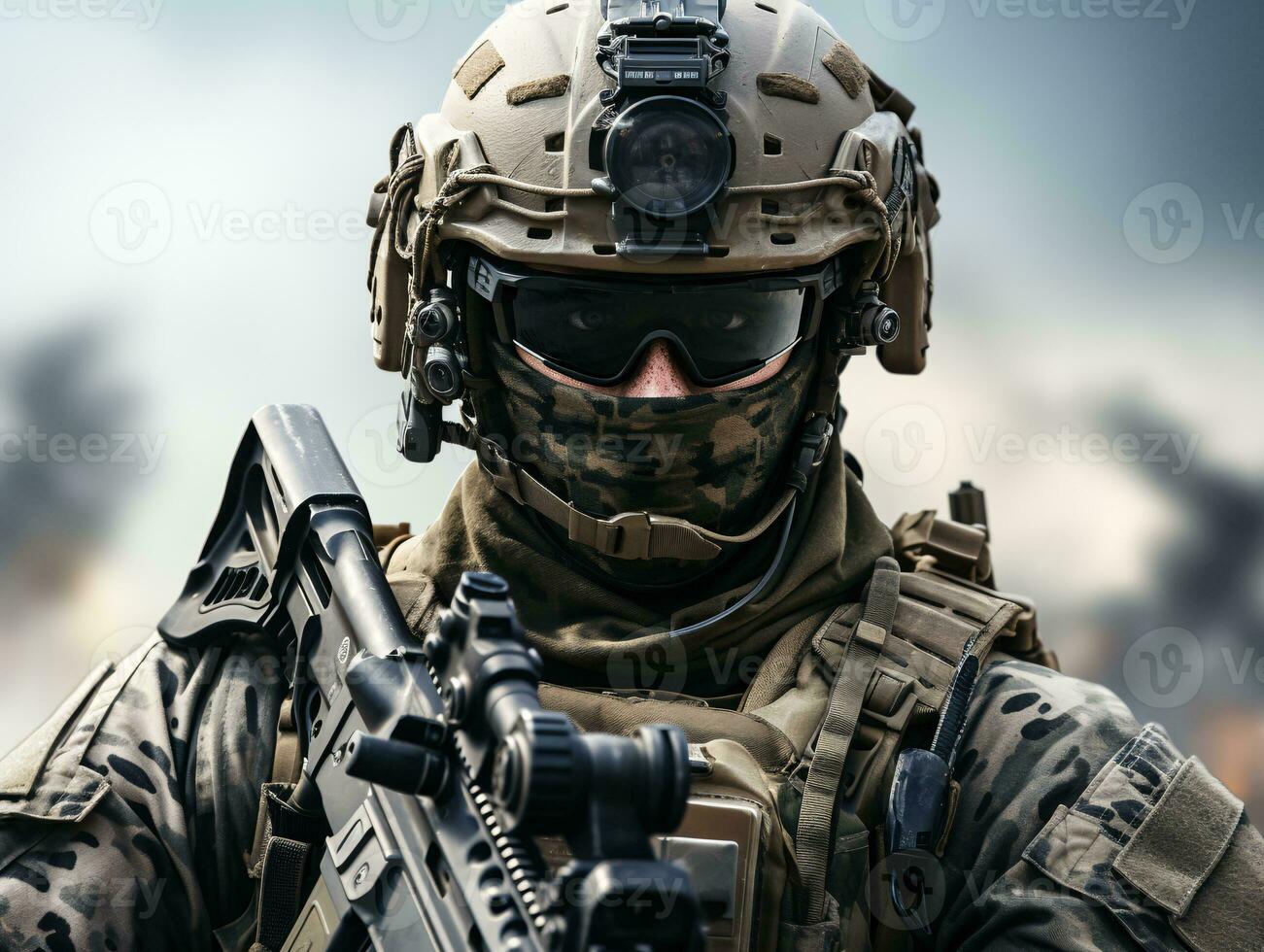 AI generated United States Army Special forces soldier in uniform and helmet with assault rifle photo