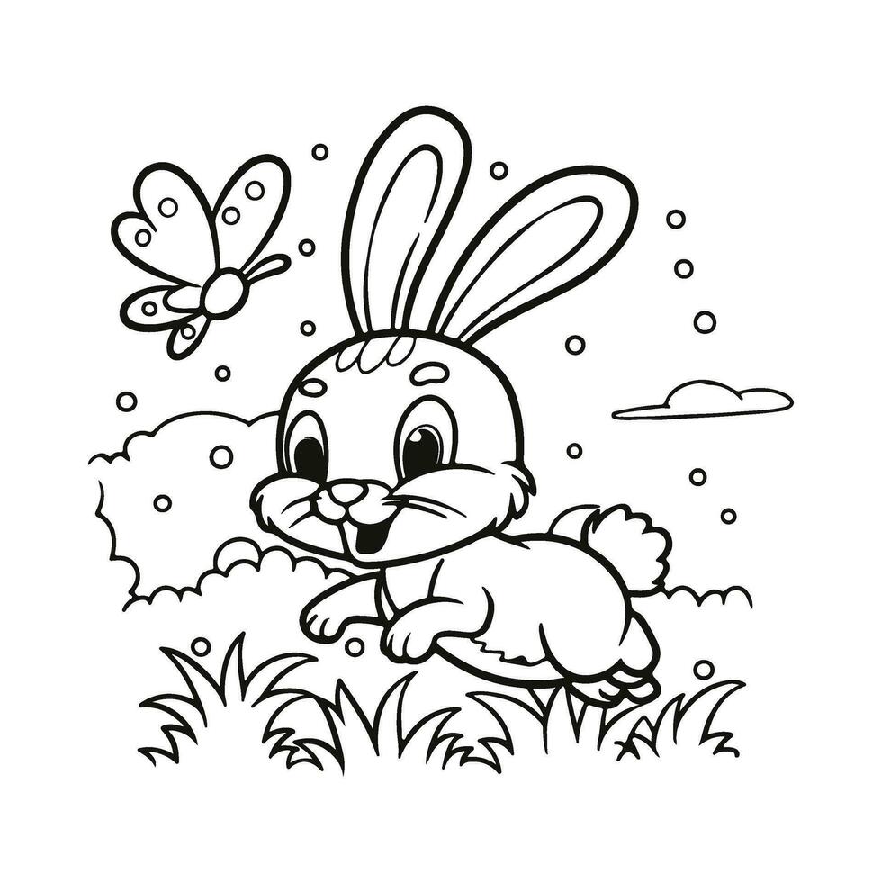 Vector coloring book on rabbit is chasing the butterfly