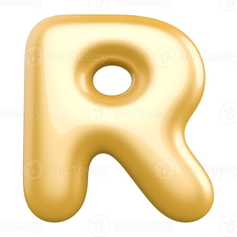 Gold bubble letter R font 3d render png