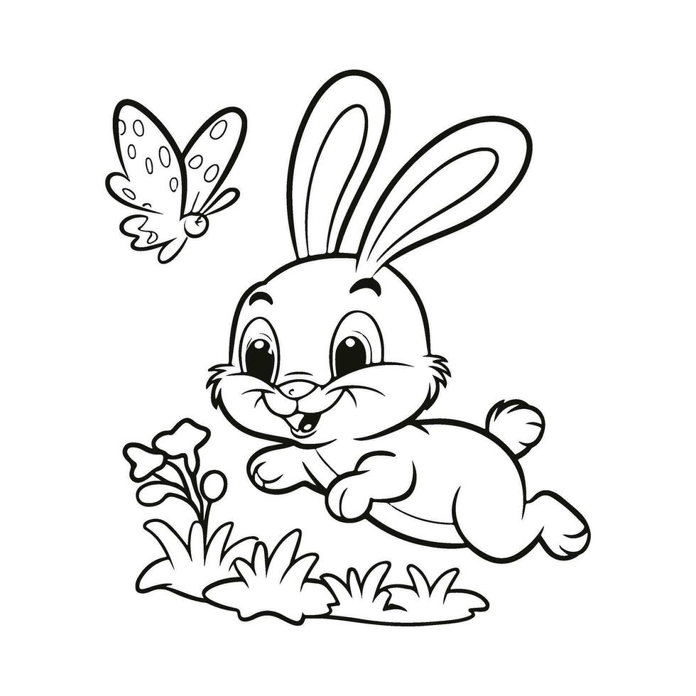 Vector coloring book on rabbit is chasing the butterfly