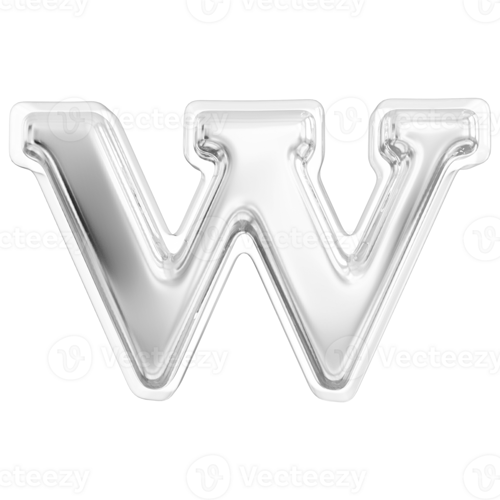 Silver letter W font 3d render png