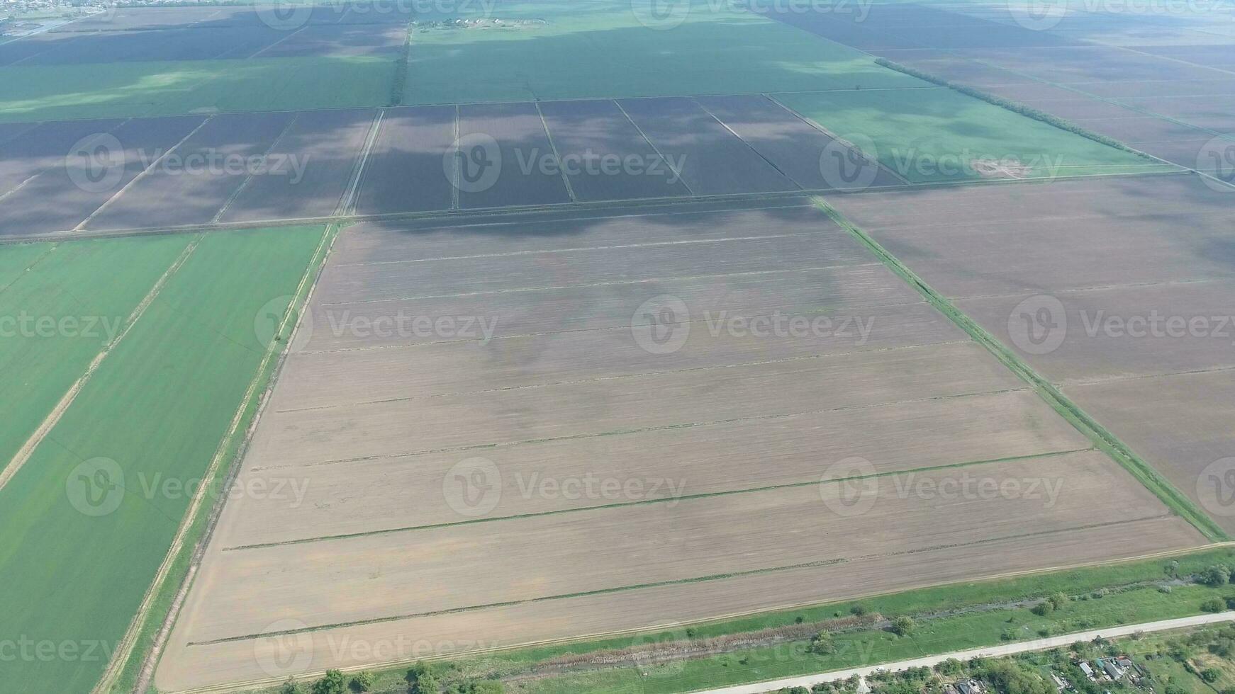 campos en el kuban ver desde un altura. joven trigo y arado campo un pequeño más lejos desde el aldea. foto