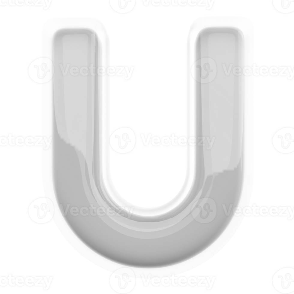Silver letter U font 3d render png