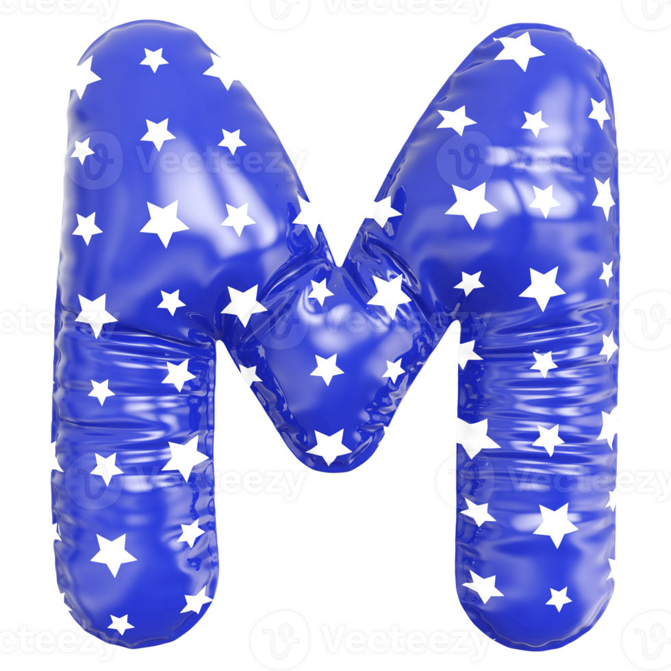 Blue bubble letter M font 3d render png