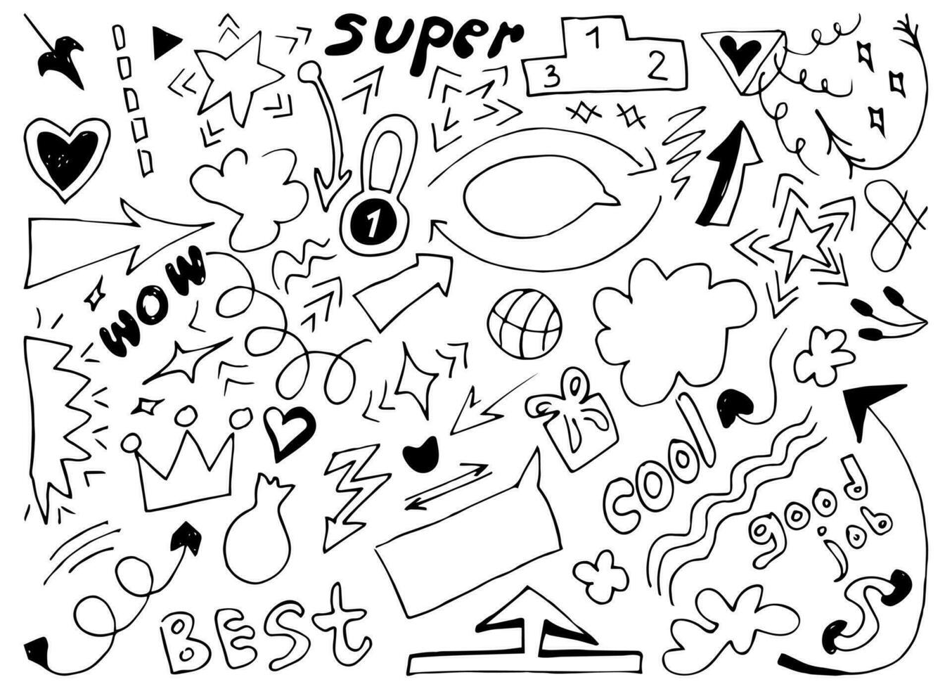 Doodle cute glitter pen line elements. Doodle heart, arrow, star, sparkle decoration symbol set. Simple sketch line style emphasis, attention, effect hand drawn elements. Vector illustration.