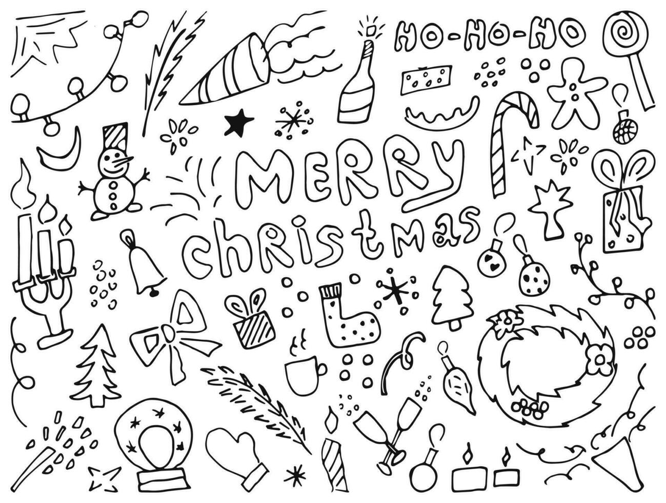 Navidad garabatos mano dibujado Navidad ilustraciones. aislar blanco antecedentes invierno nuevo año negro describir. moderno diseño para fiesta saludo tarjeta, regalo etiqueta, etiqueta, pegatina, bandera, póster, tarjeta postal vector