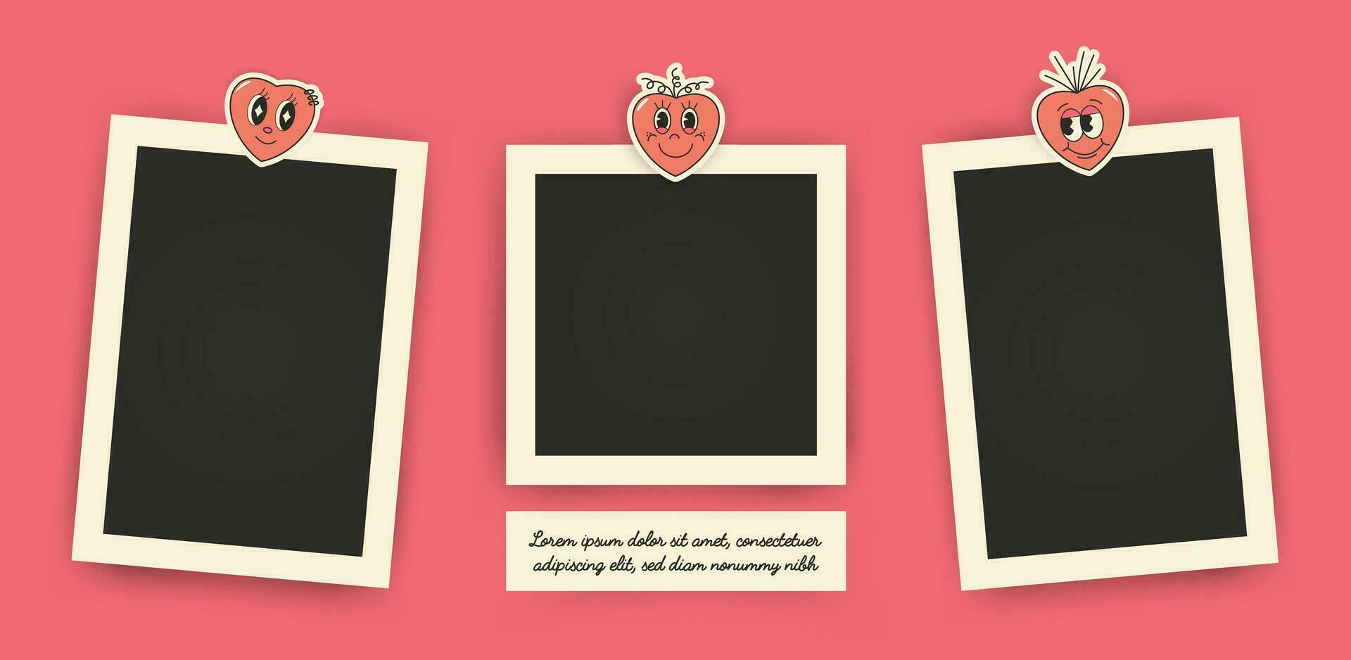 Set of instant photo frame mockups with shadows. Photo album template. Empty image for memory. Blank realistic postcard. Isolated on white background. Vector illustration, flat style.