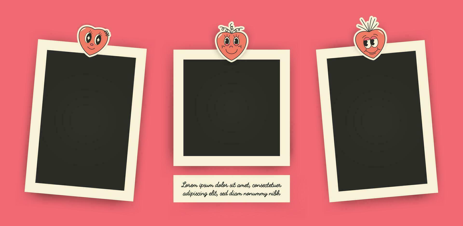 Set of instant photo frame mockups with shadows. Photo album template. Empty image for memory. Blank realistic postcard. Isolated on white background. Vector illustration, flat style.