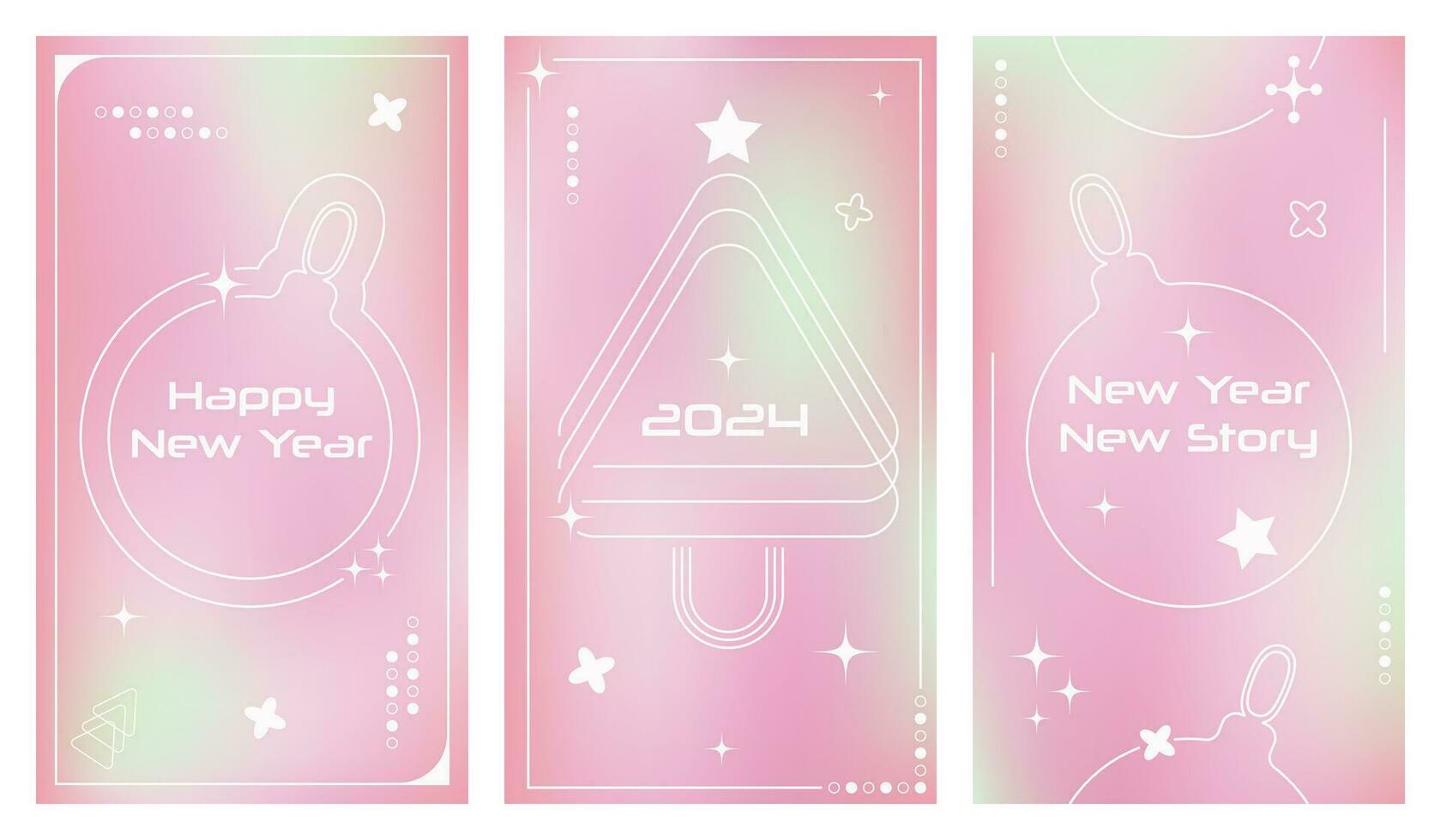 Y2k happy New Year 2024 retro poster set. Vector illustration with 2000s pastel soft gradients. Minimalist Design template with stars, shapes, Christmas tree, decorations on Pale colorful background.