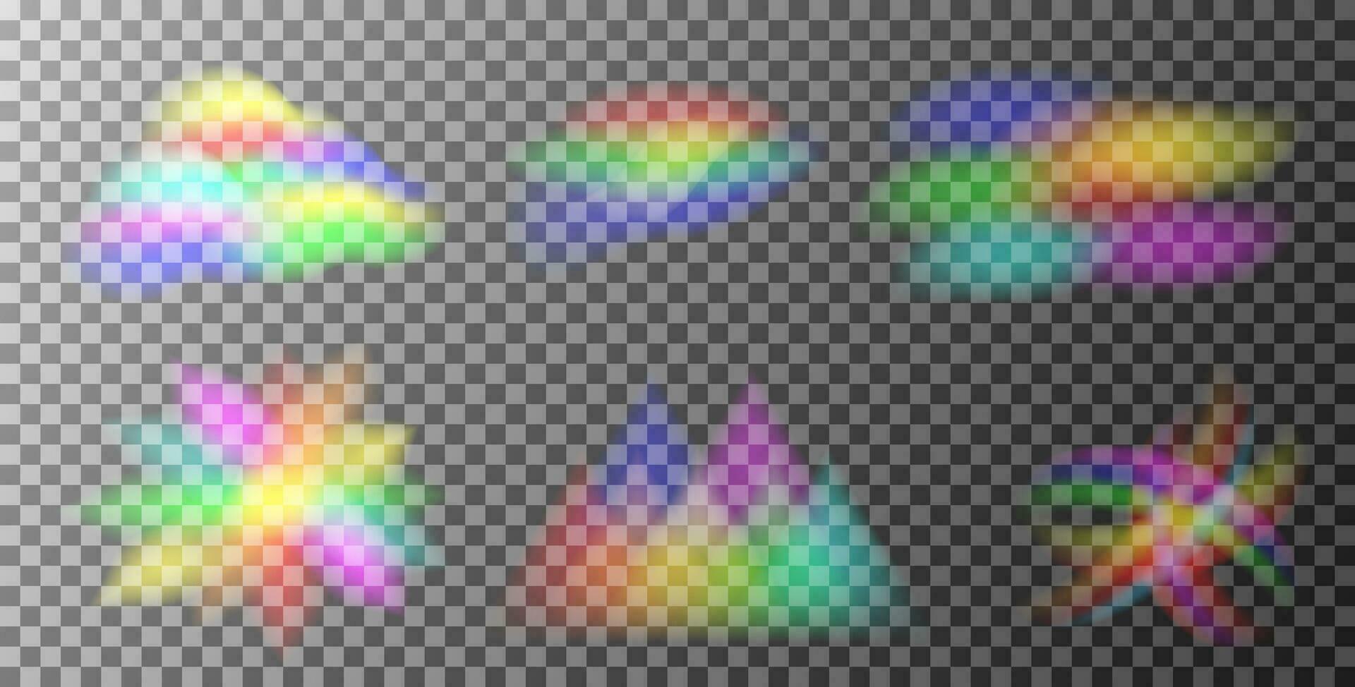 Set of rainbow light prism effect. Hologram reflection, crystal flare leak shadow overlay. Vector illustration of abstract blurred iridescent light backdrop.