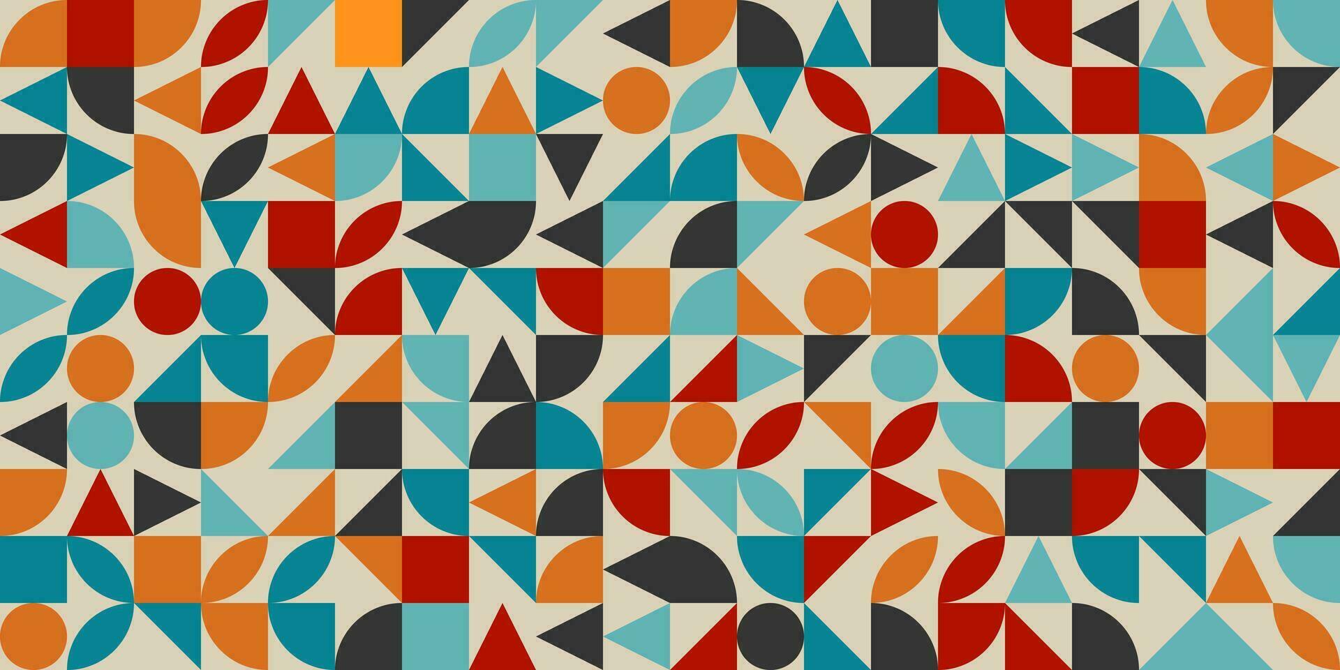 Abstract vector geometric pattern design in Bauhaus style. Popular abstract background vector red blue yellow colors. Art shapes circles and squares. Graphic design backdrop. Complex composition.