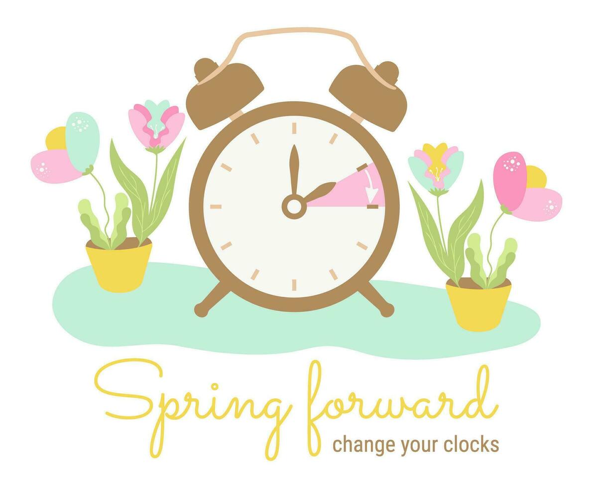 primavera adelante, conjunto tu relojes adelante uno hora. luz ahorro hora comienza reloj despertador con mano puntos adelante. dst empieza en Estados Unidos para bandera. Hora de verano plano floral diseño vector ilustración.