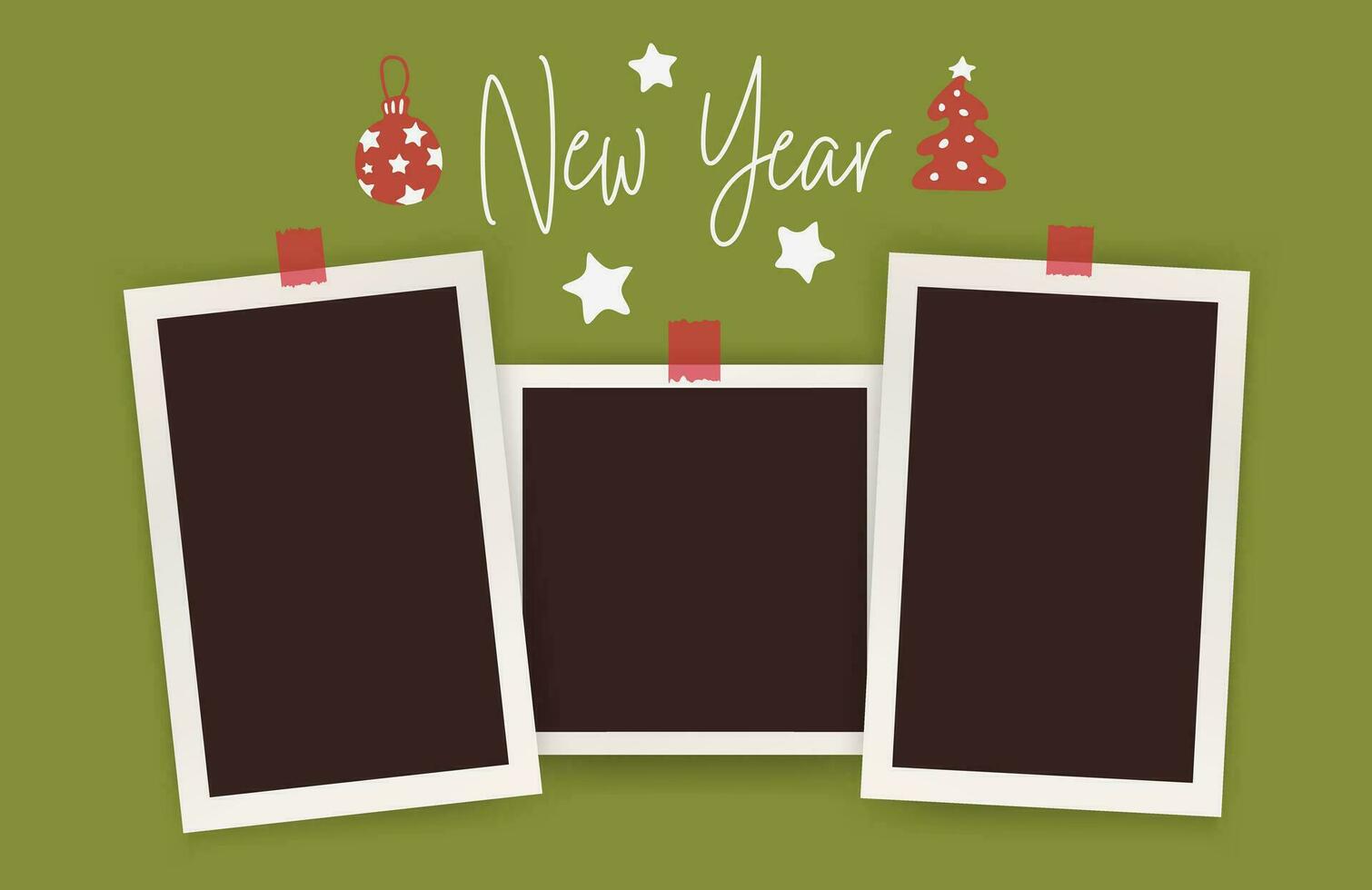 Template for album. Set of Black and white empty photo frame mockup with shadows, christmas tree, decorations. Realistic blank frame vector on green background. Happy New year.