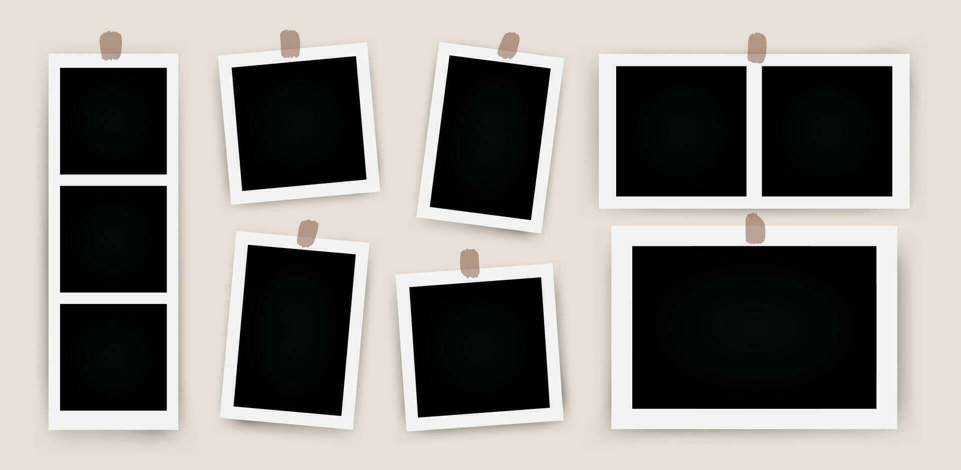 Set of photo frame mockups. Photo album template. Empty image for memory. Blank realistic postcard. vector