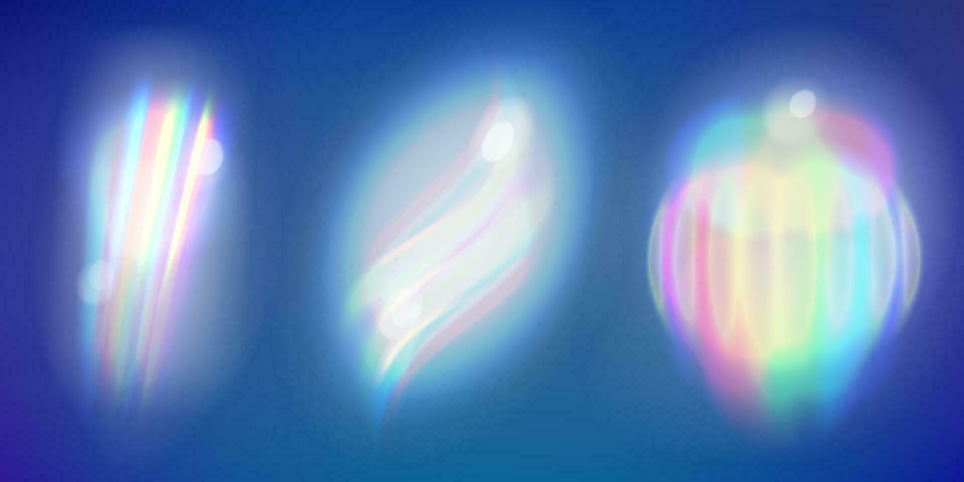 Rainbow light prism effect. Set. Hologram reflection, crystal flare leak shadow overlay. Vector illustration of abstract blurred iridescent light backdrop.