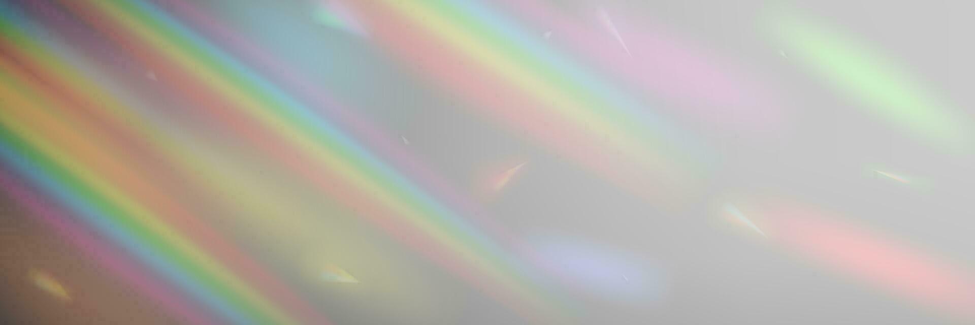 Rainbow light prism effect, transparent ethereal dreamy aura background. Hologram reflection, crystal flare leak shadow overlay. Vector illustration of abstract blurred iridescent light backdrop.