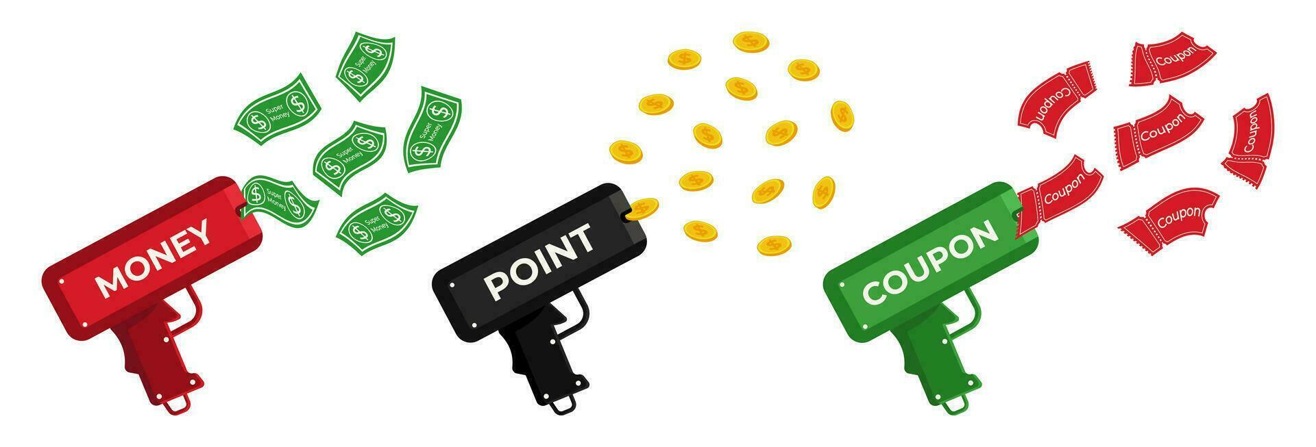 Red money gun, green coupon gun, black point gun. Flying dollars. coins. Cartoon style vector illustration's set. Black Friday, marketing event, advertising, award, sale, discount, promotion, voucher.