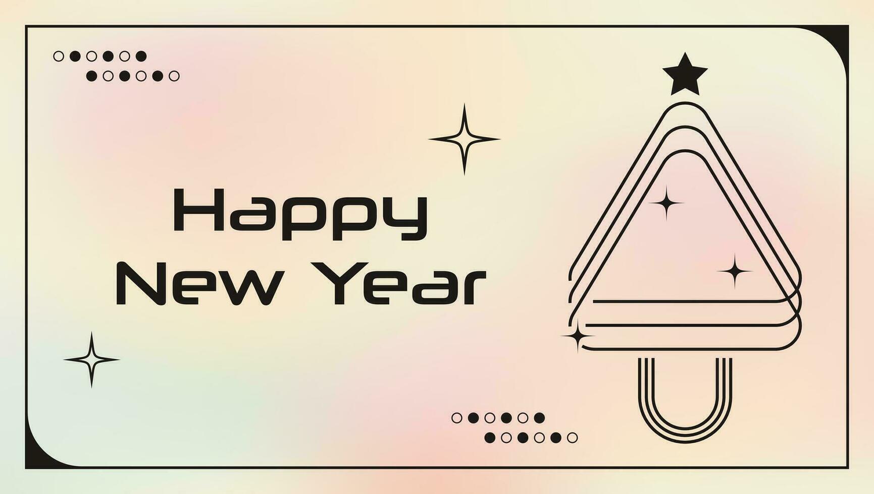 Y2k Happy New Year retro Banner in abstract aesthetic style. Vector illustration with 2000s pastel gradients. Design template with jolly star, shapes, tree with editable stroke.