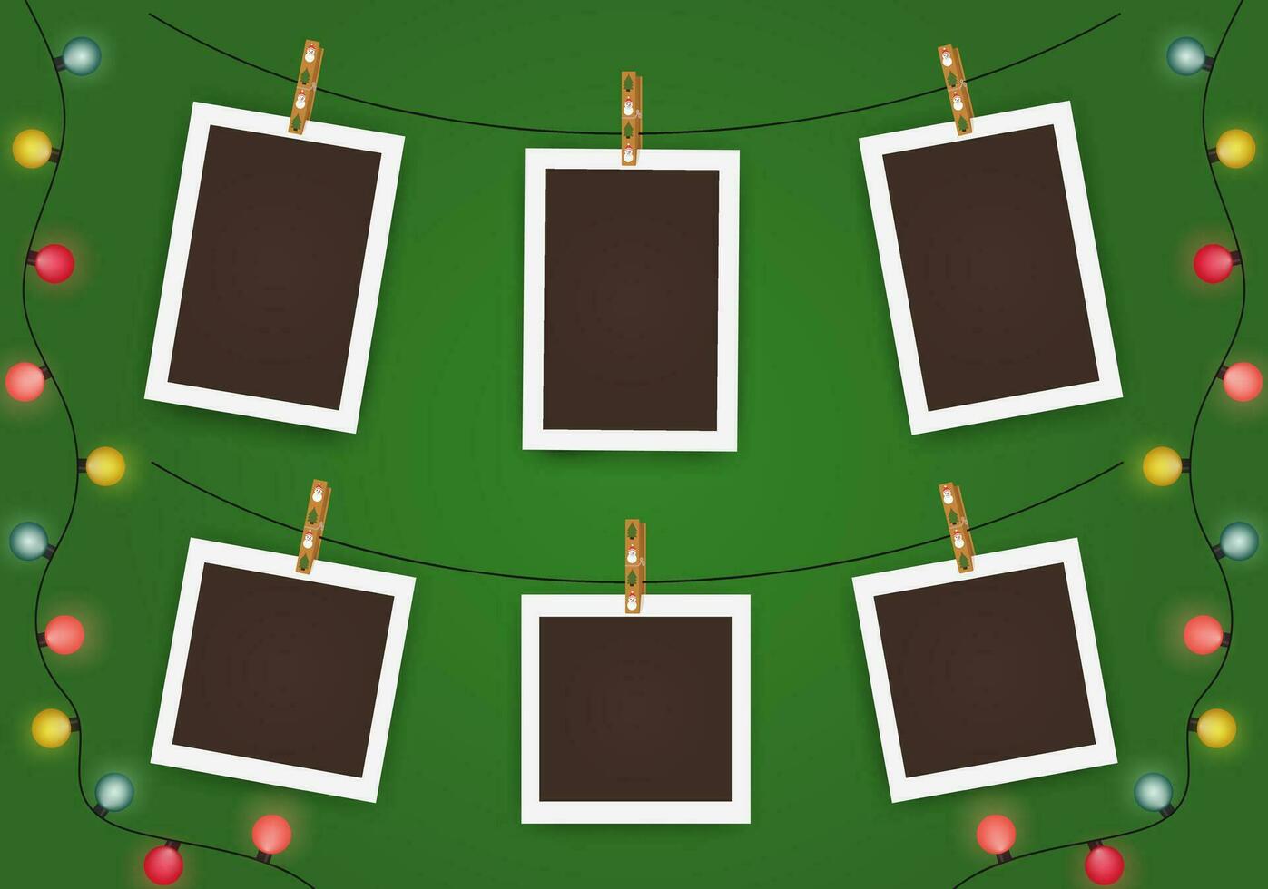 Christmas empty photo frame mockup with lights, tree and snowman. New Year realistic Scrapbook vector illustration on green background. Xmas blank framework picture template with shadows.