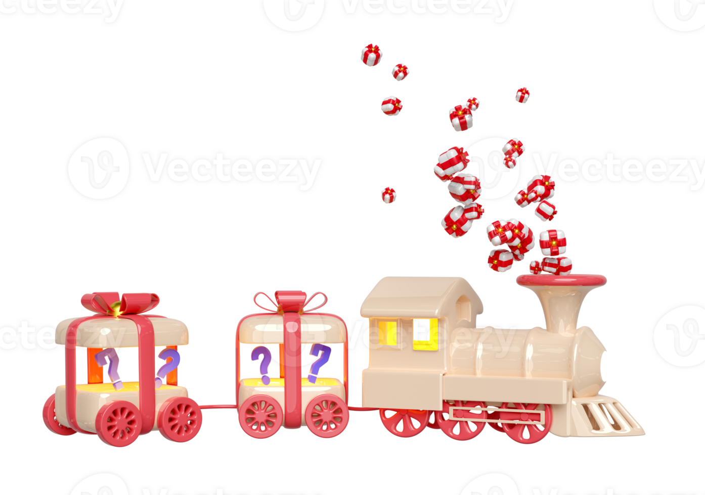 3d locomotive steam cartoon with wagons shaped like a gift box, question mark, train transport toy, happy new year. 3d render illustration png