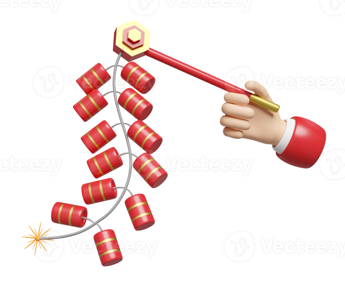 3d hand holding hanging firecrackers for chinese new year holiday. 3d render illustration png