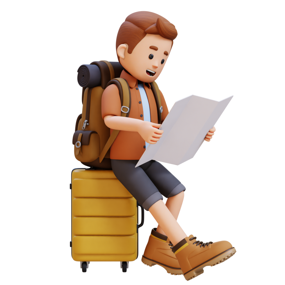 3D Traveller Character Sitting on a Suitcase and Checking the Map png