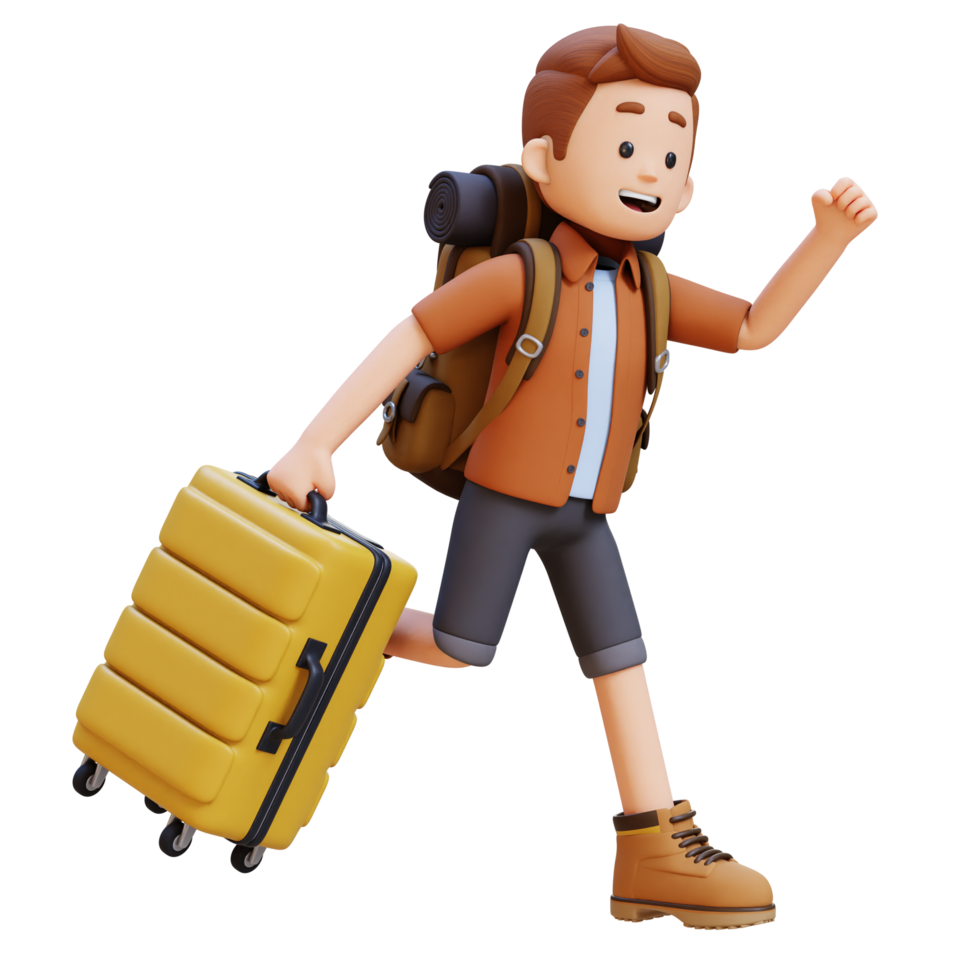 3D Traveller Character Running with Suitcase png