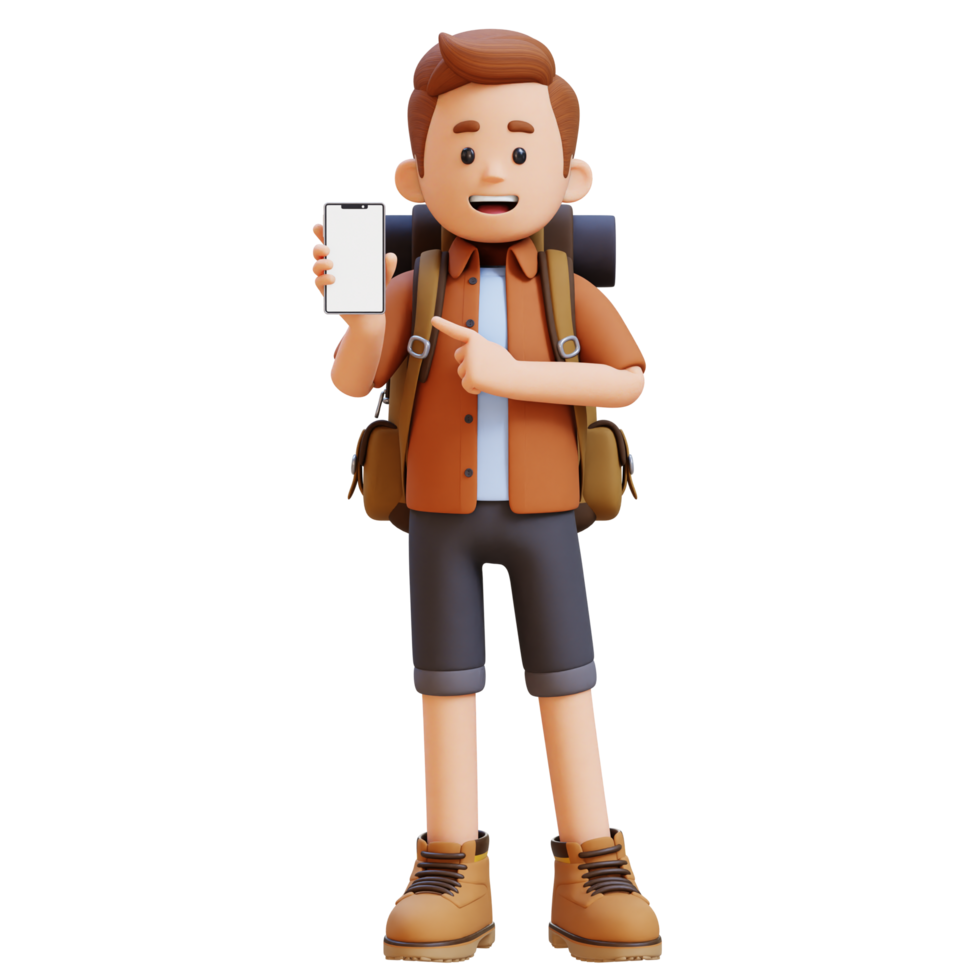 3d viajero personaje señalando a vacío teléfono pantalla png
