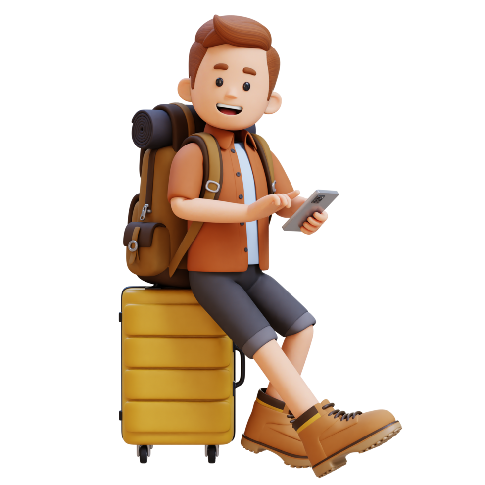 3D Traveller Character Sitting on a Suitcase and holding smart phone png