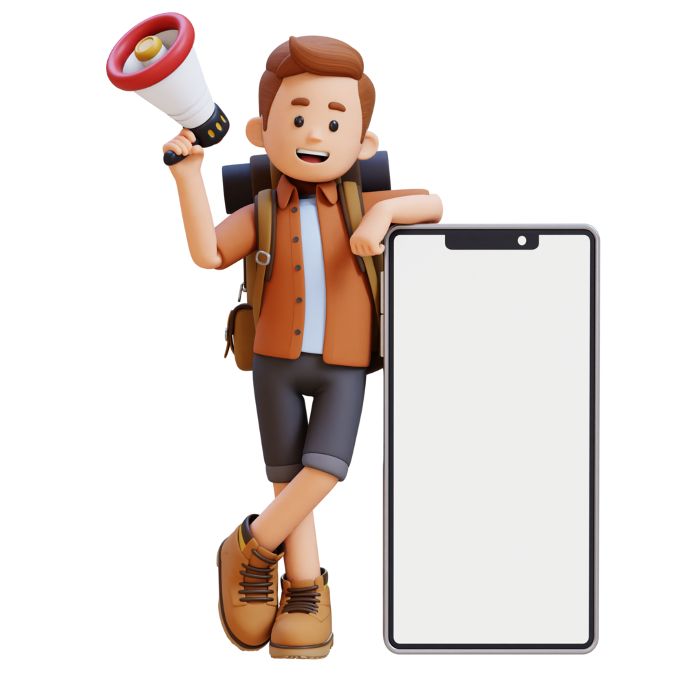 3d viajero personaje participación megáfono y acostado en grande vacío teléfono pantalla png