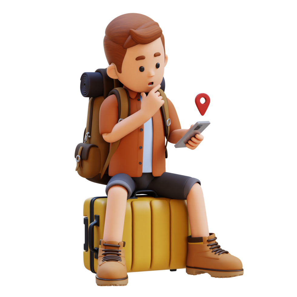 3D Traveller Character Sitting on a Suitcase and checking the GPS Location on smart phone png