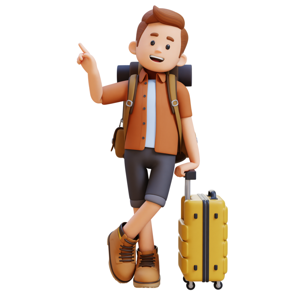 3D Traveller Character Lying on Suitcase while pointing up png