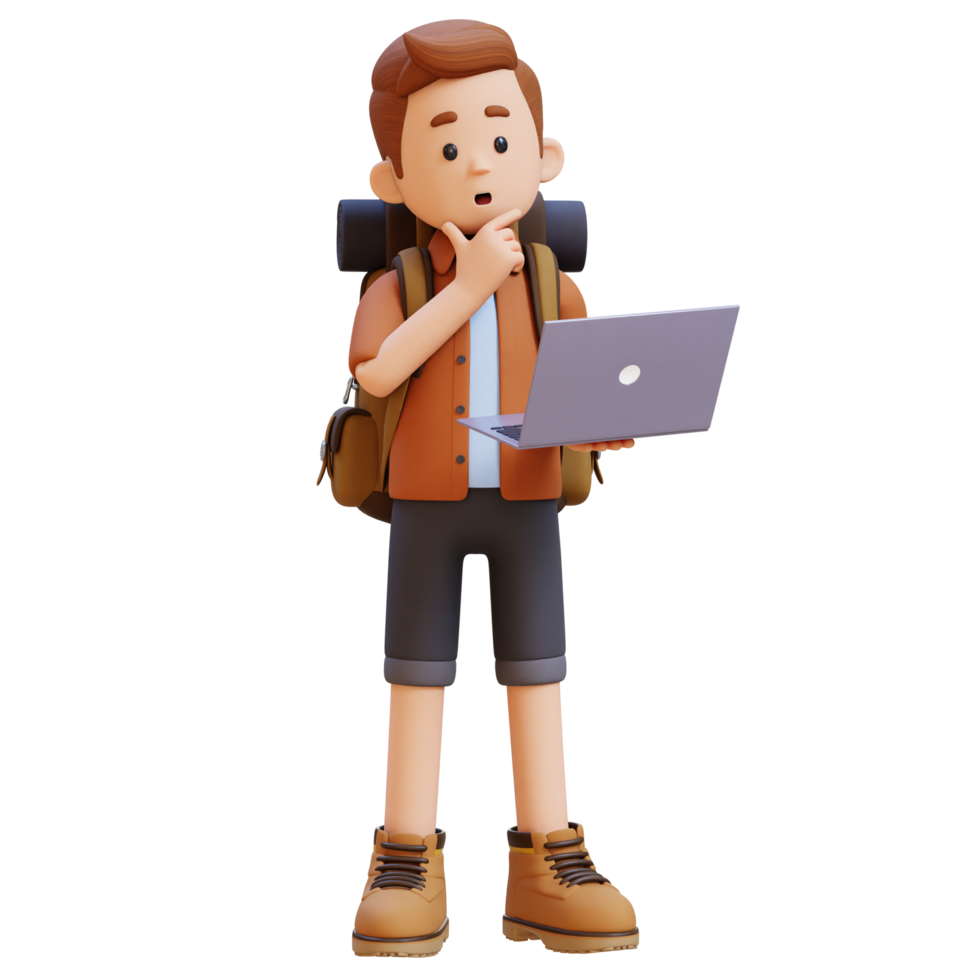 3d voyageur personnage en pensant tandis que travail sur une portable png