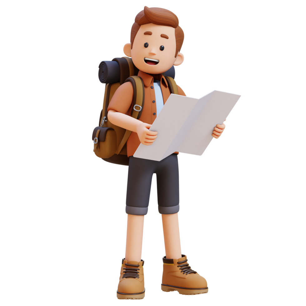 3D Traveller Character Standing and Holding Map png