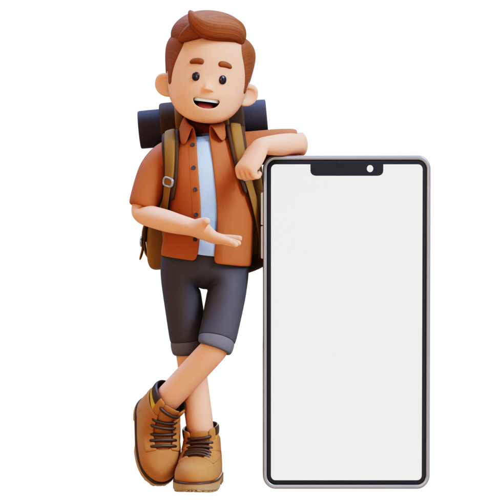 3D Traveller Character Presenting and Lying on Big Empty Phone Screen png