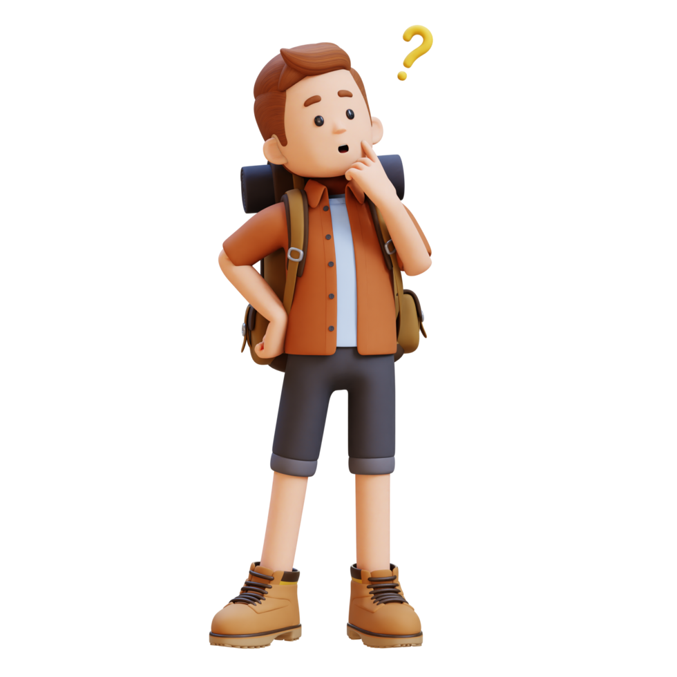 3D Traveller Character Confused and Thinking Pose png