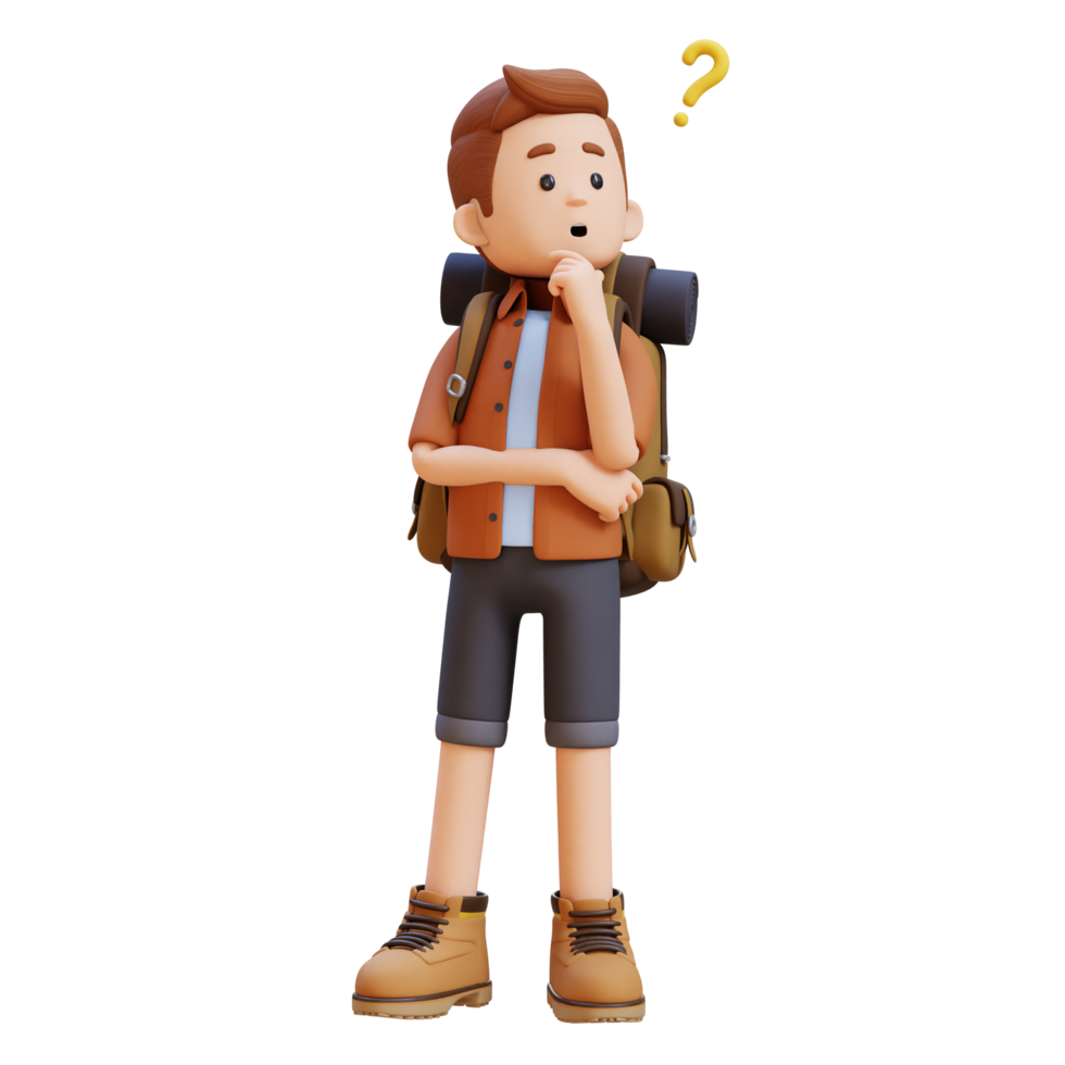 3D Traveller Character Confused and Thinking Pose png