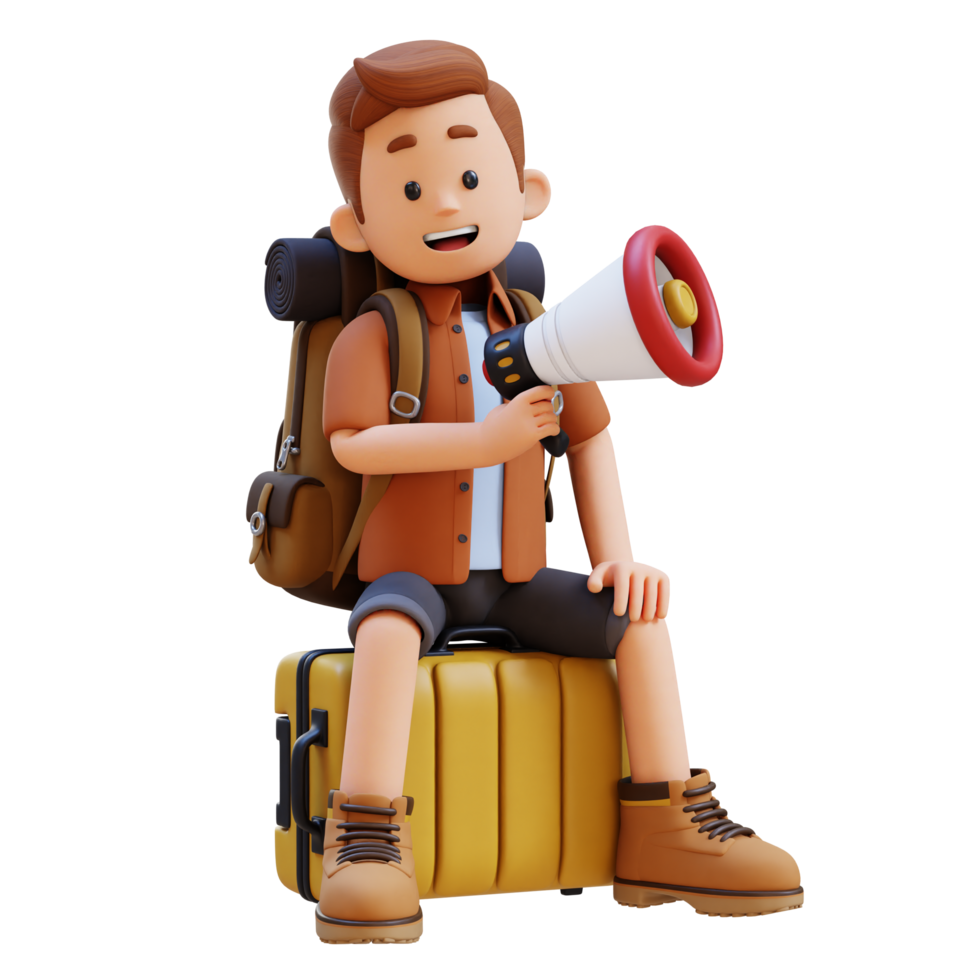 3D Traveller Character Sitting on a Suitcase and holding megaphone png