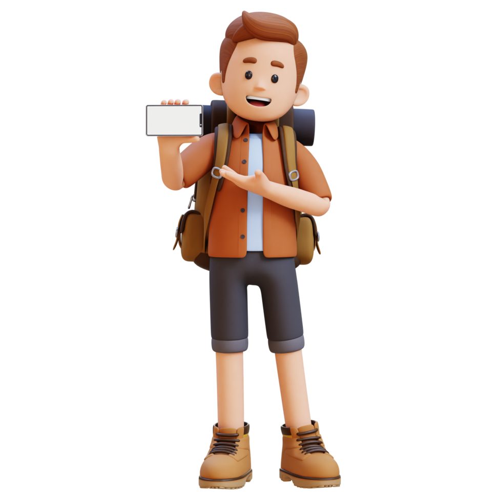 3D Traveller Character Presenting on Empty Phone Screen png