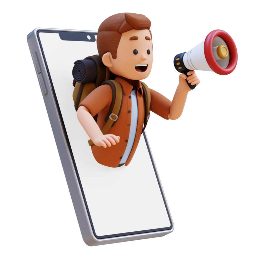 3d voyageur personnage sauter de téléphone écran avec mégaphone png